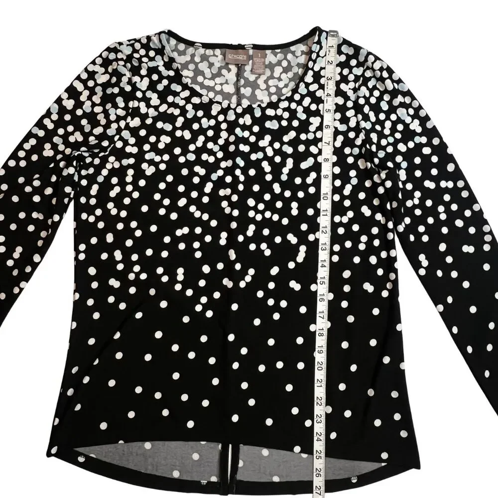 Chico Blouse Sz 1 Black Long Sleeve White Polkadots Preppy Casual Workwear Top - Picture 3 of 10